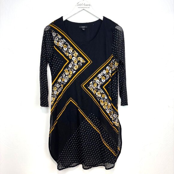 Alfani Dresses & Skirts - Alfani Sheer Mini Dress Career Black Gold Floral Lightweight Pullover Womens M